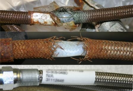 Flex hose comparison: ruptured riverside hose, flow restricted hillside hose, a new hose with attached ID tag 