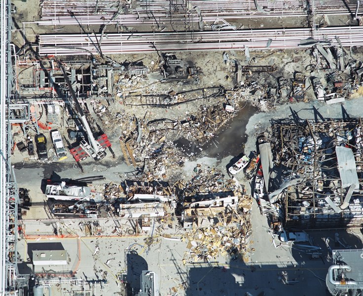 View of the damage to temporary office trailers caused by the 2005 BP Texas City Refinery explosion and fire 